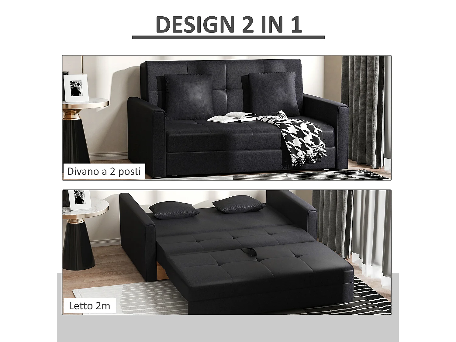 Divano letto 2 posti in policotone con spazio portaoggetti nero