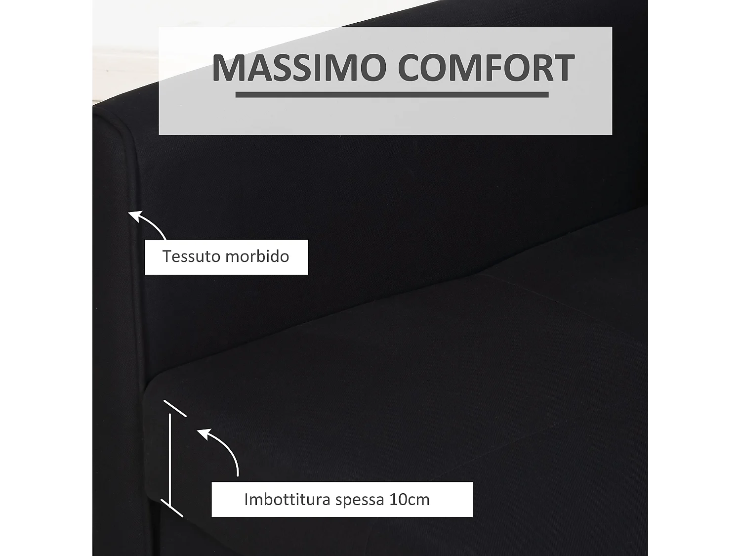 Divano letto 2 posti in policotone con spazio portaoggetti nero