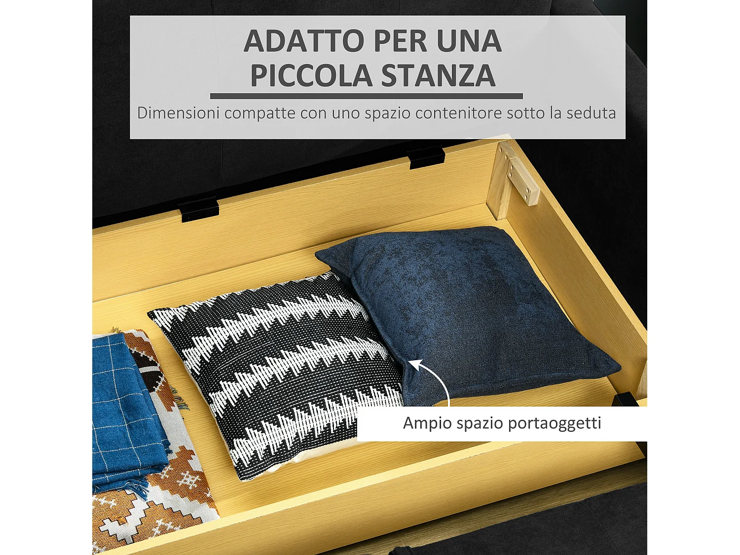 Divano letto 2 posti in policotone con spazio portaoggetti nero