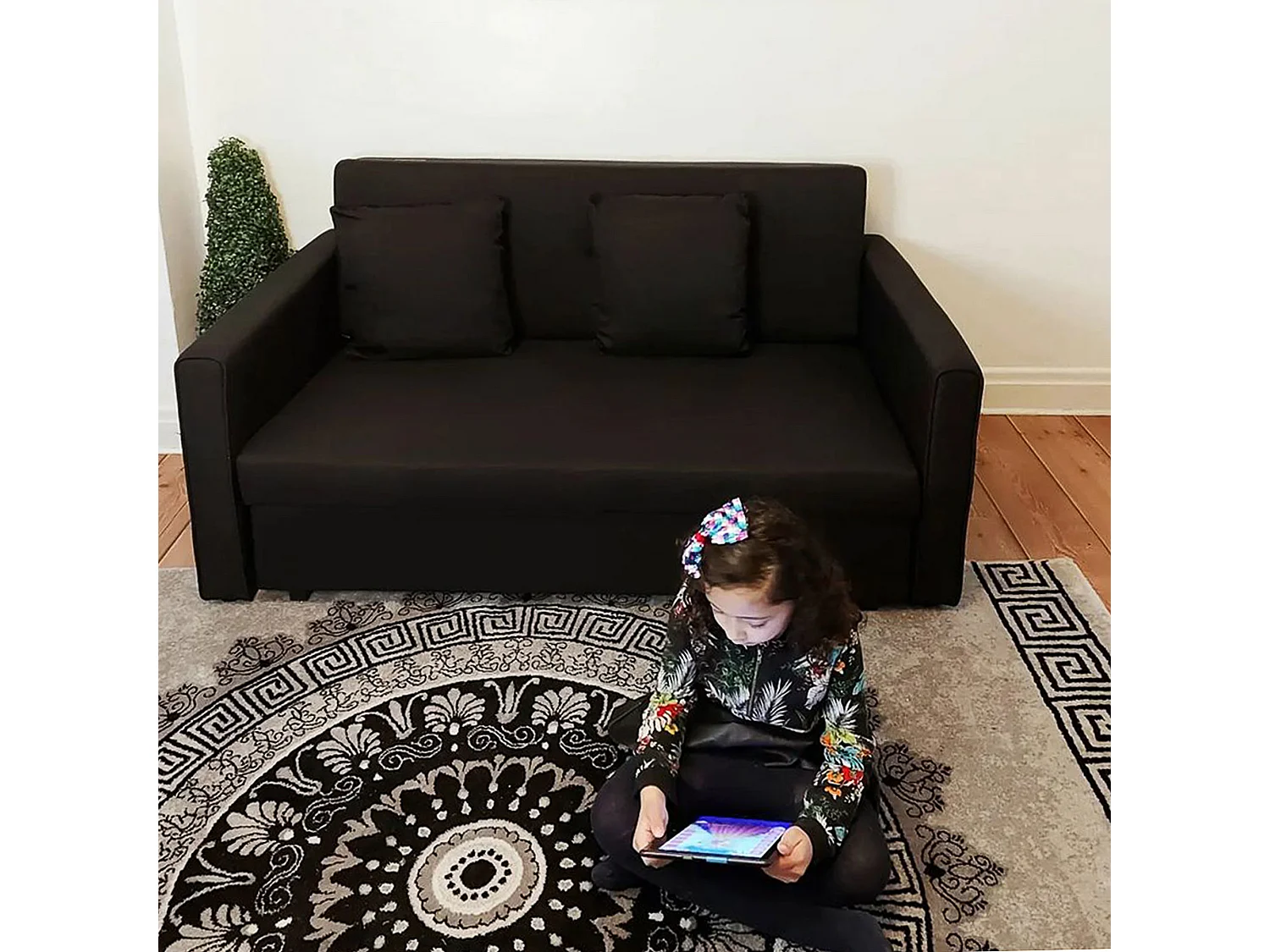 Divano letto 2 posti in policotone con spazio portaoggetti nero