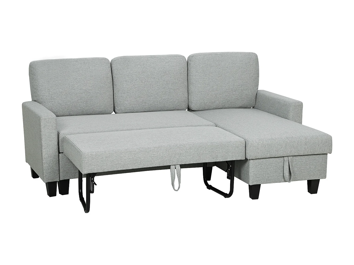 Divano Letto 3 posti con chaise e spazio contenitore grigio e nero