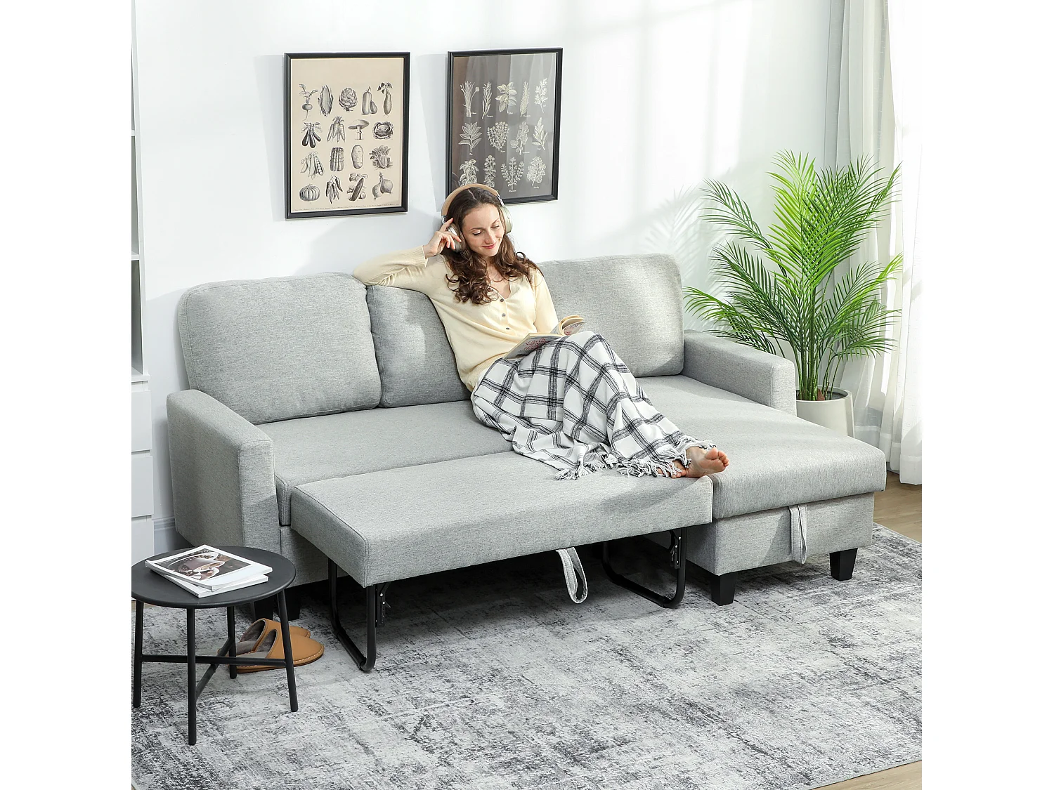 Divano Letto 3 posti con chaise e spazio contenitore grigio e nero