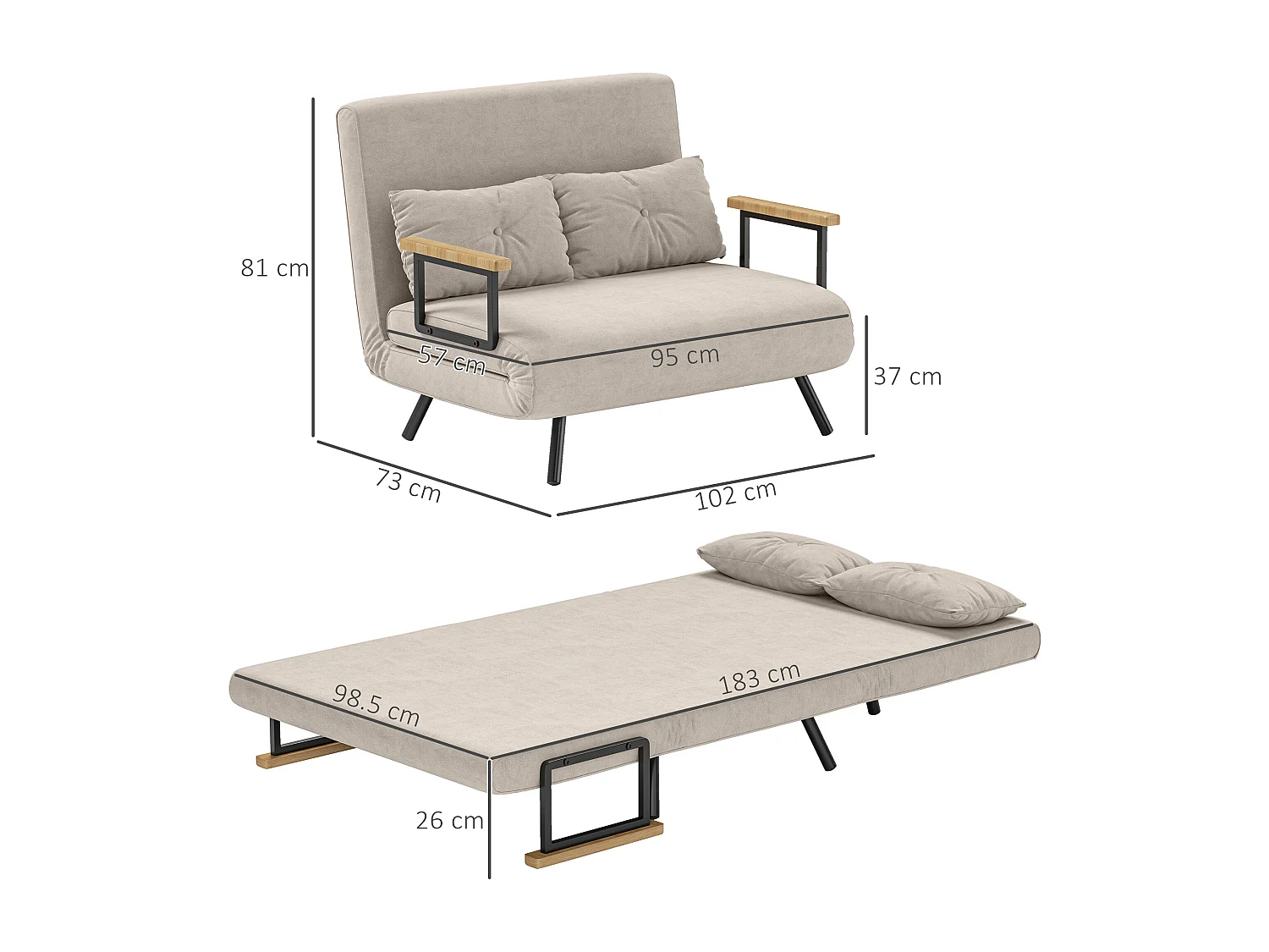 Divano letto vellutato con schienale regolabile 5 livelli bianco crema