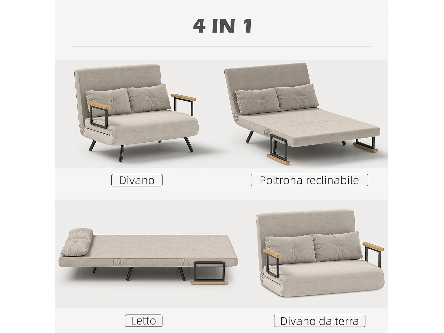 Divano letto vellutato con schienale regolabile 5 livelli bianco crema