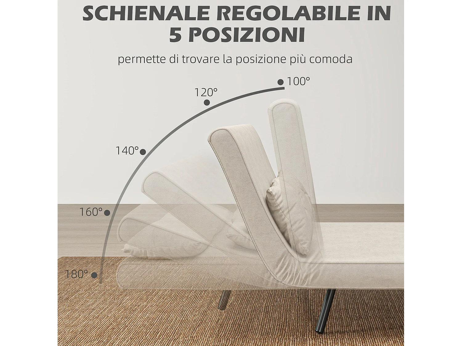 Divano letto vellutato con schienale regolabile 5 livelli bianco crema