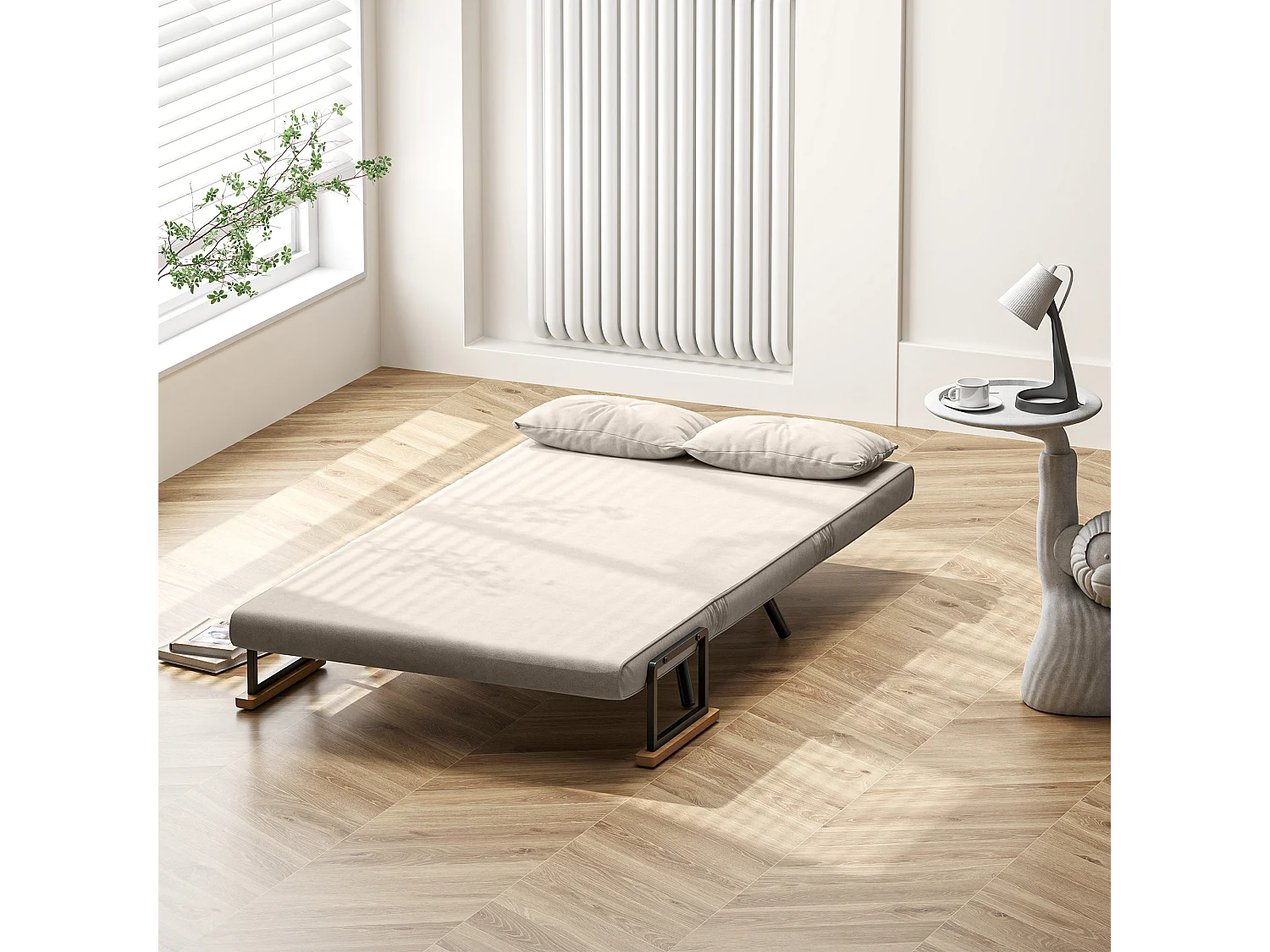 Divano letto vellutato con schienale regolabile 5 livelli bianco crema