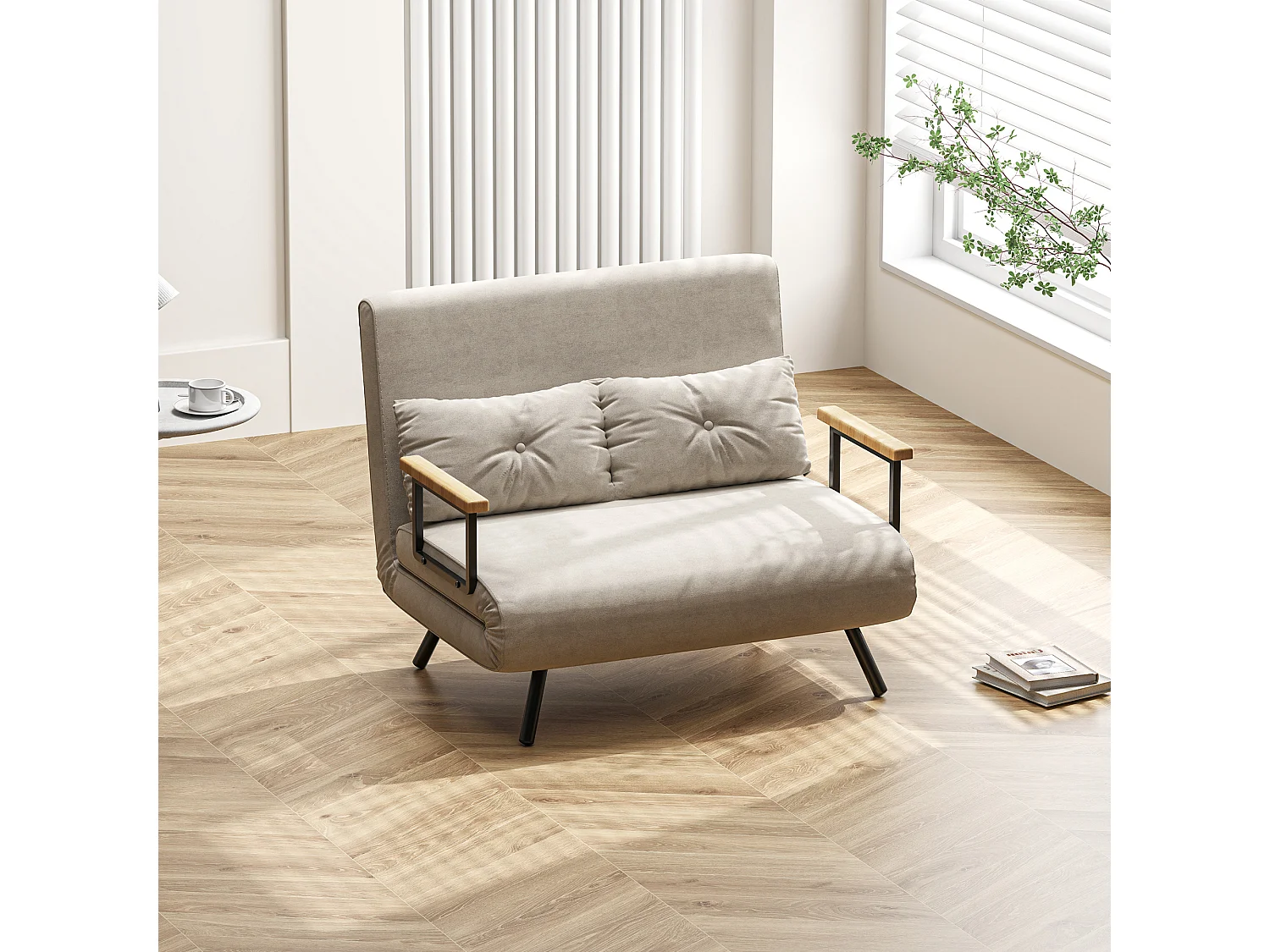 Divano letto vellutato con schienale regolabile 5 livelli bianco crema