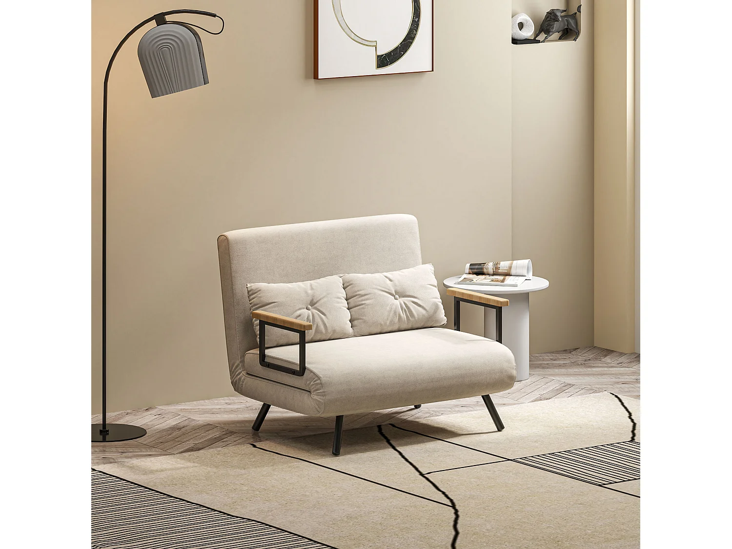 Divano letto vellutato con schienale regolabile 5 livelli bianco crema