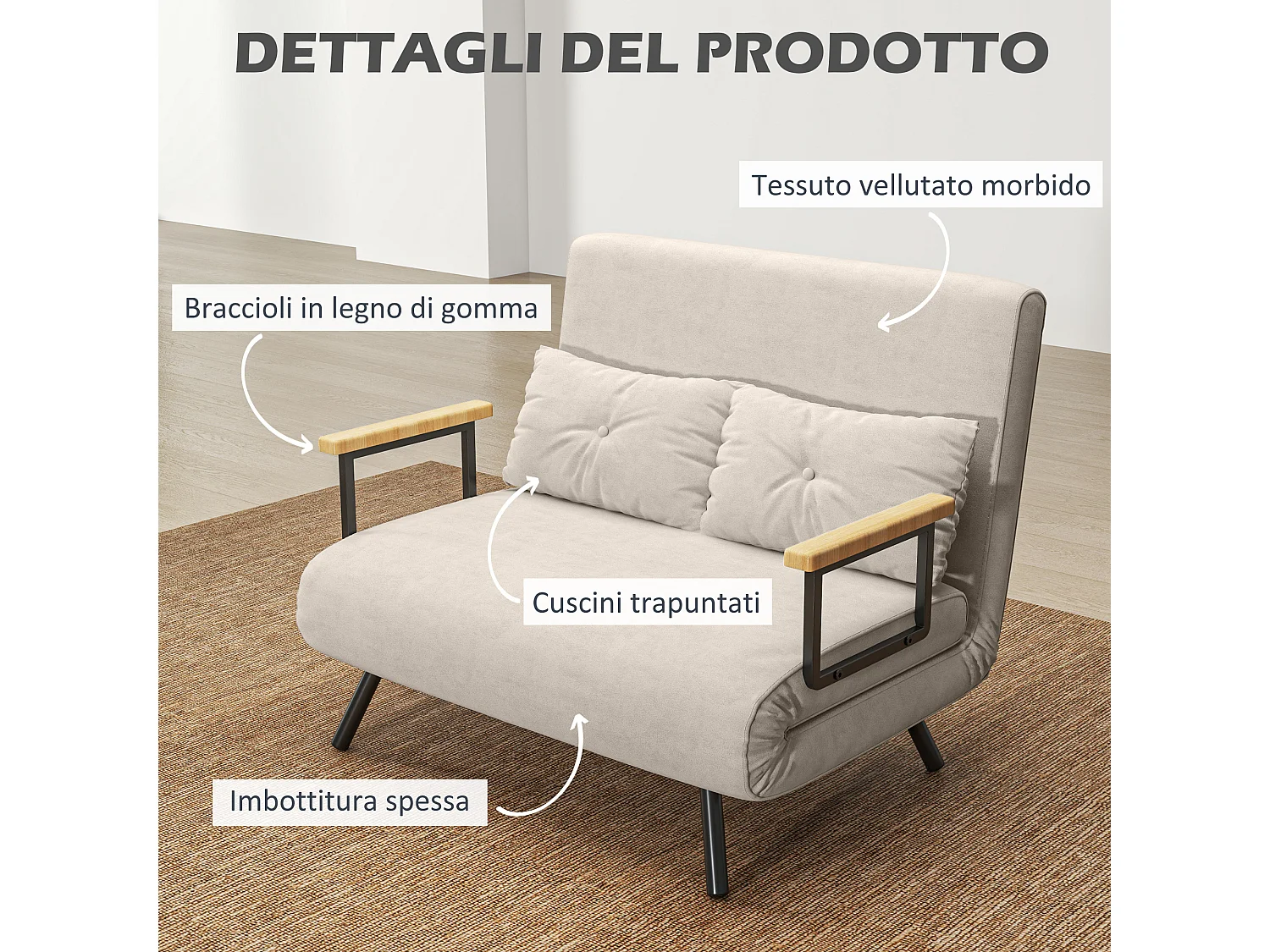 Divano letto vellutato con schienale regolabile 5 livelli bianco crema