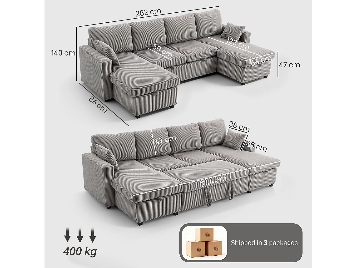 Divano letto con 2 chaise longue contenitore in velluto a coste grigio