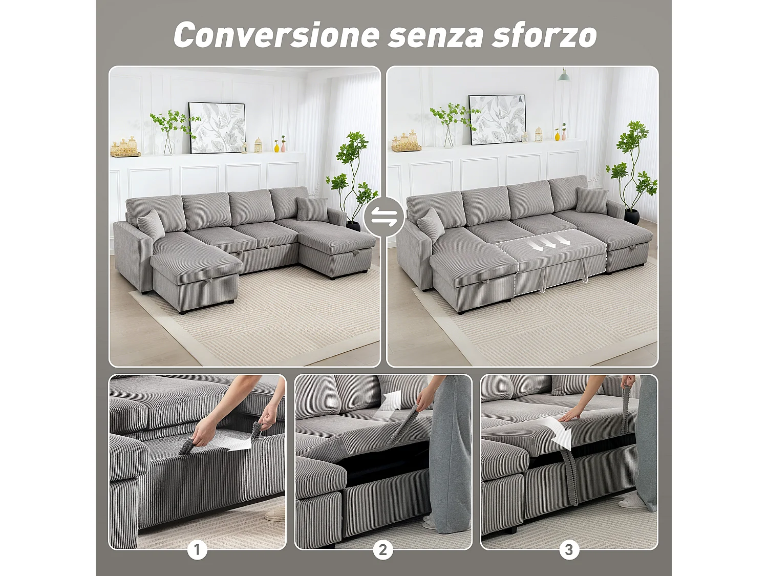 Divano letto con 2 chaise longue contenitore in velluto a coste grigio