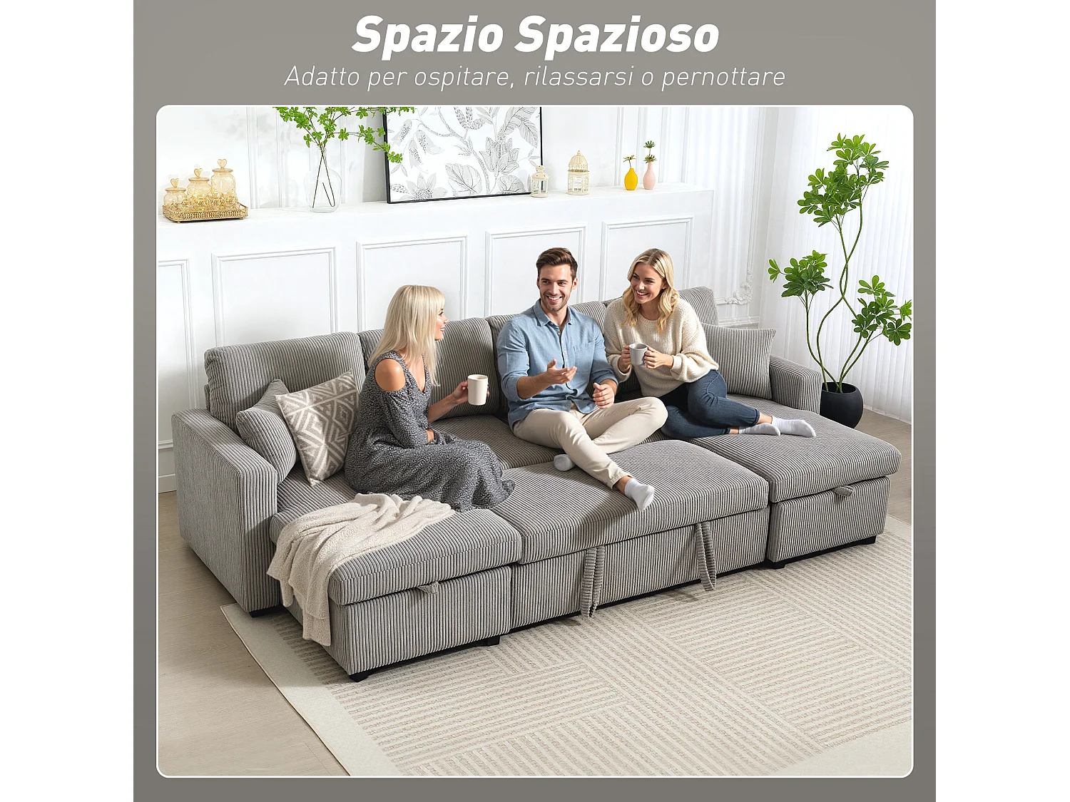 Divano letto con 2 chaise longue contenitore in velluto a coste grigio