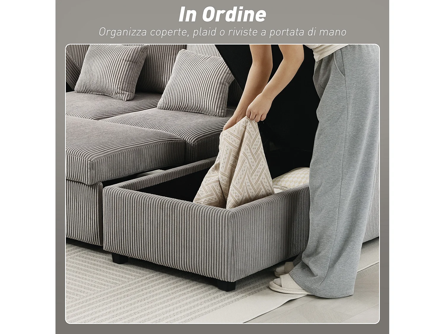 Divano letto con 2 chaise longue contenitore in velluto a coste grigio