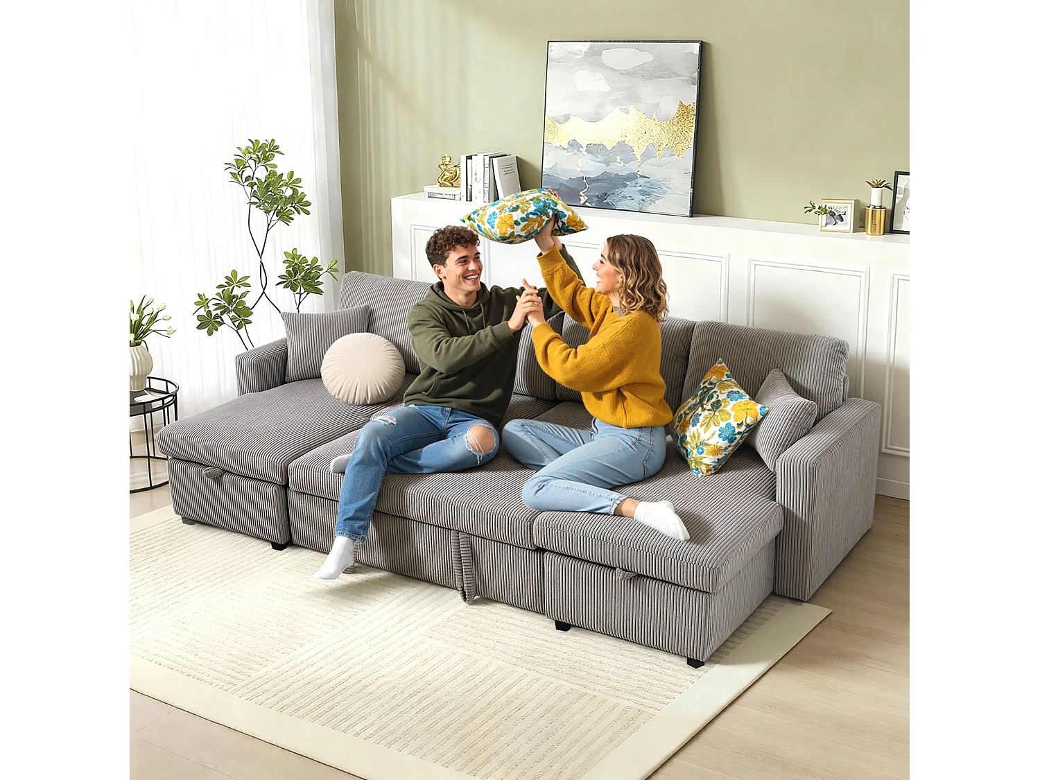 Divano letto con 2 chaise longue contenitore in velluto a coste grigio