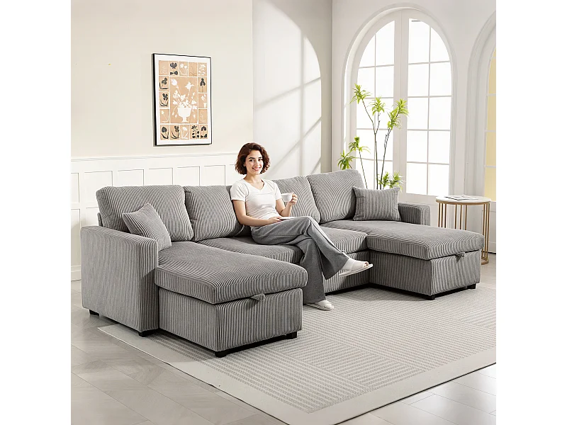 Divano letto con 2 chaise longue contenitore in velluto a coste grigio