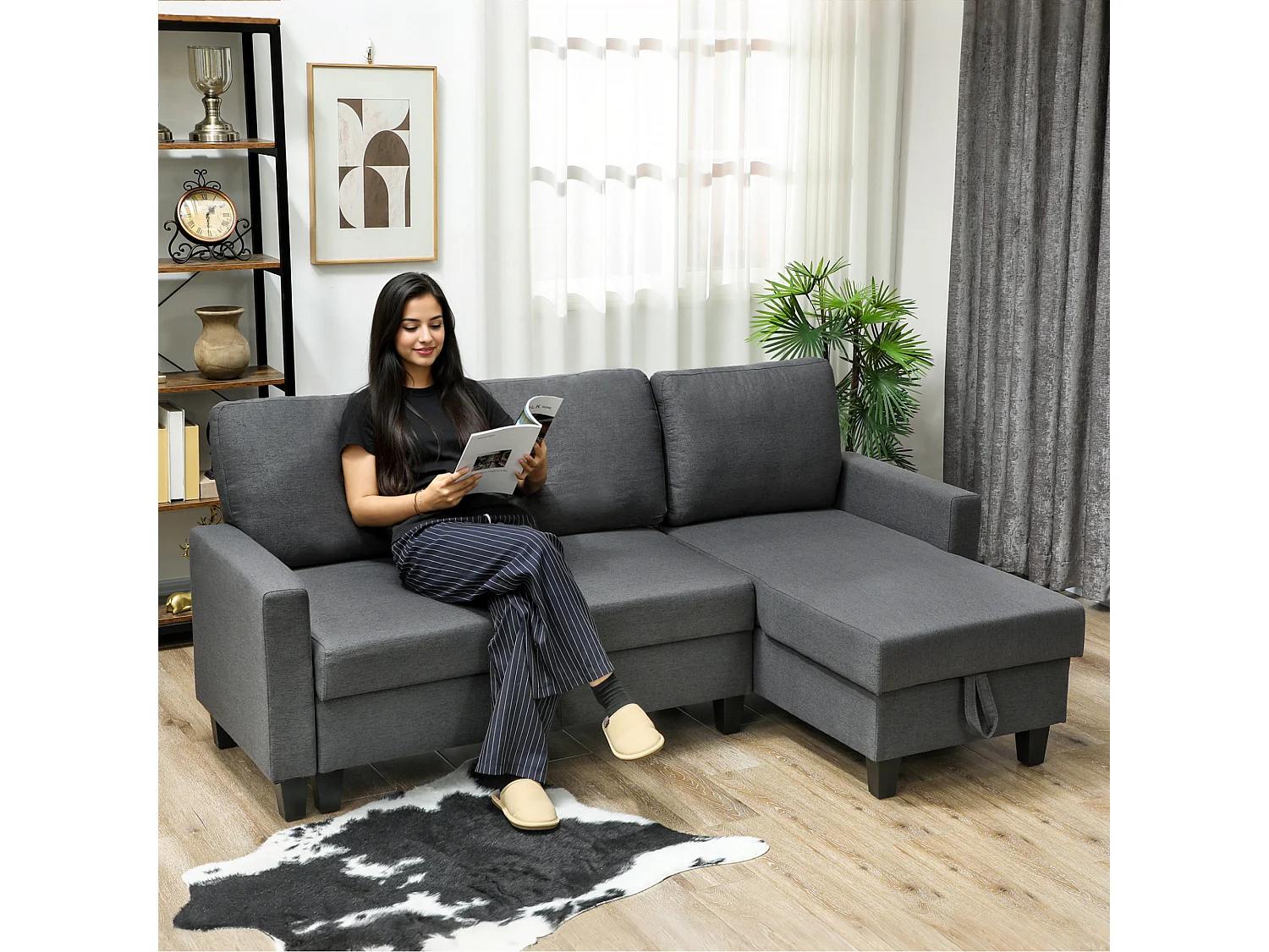 Divano Letto 3 posti con chaise e spazio contenitore grigio carbone