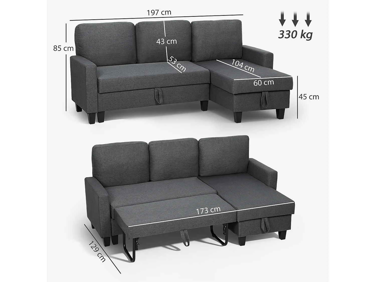 Divano Letto 3 posti con chaise e spazio contenitore grigio carbone