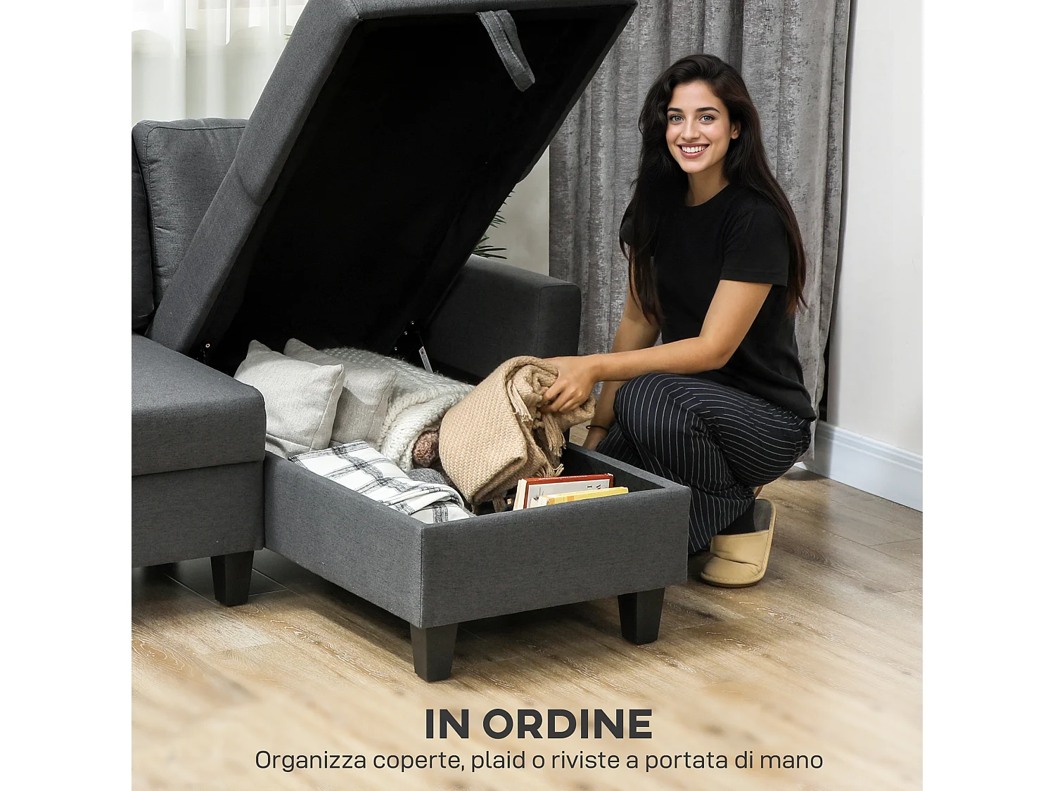 Divano Letto 3 posti con chaise e spazio contenitore grigio carbone