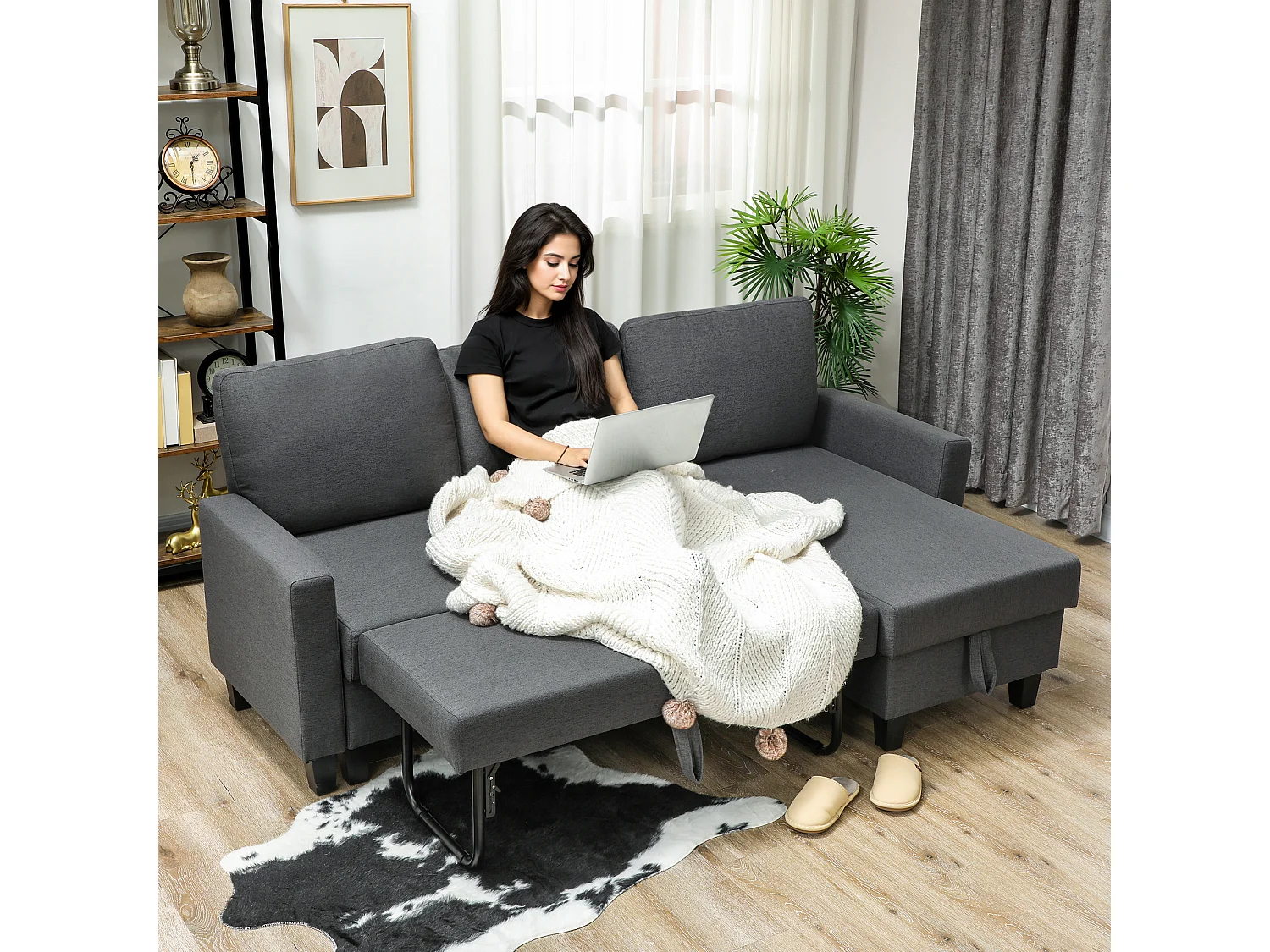 Divano Letto 3 posti con chaise e spazio contenitore grigio carbone