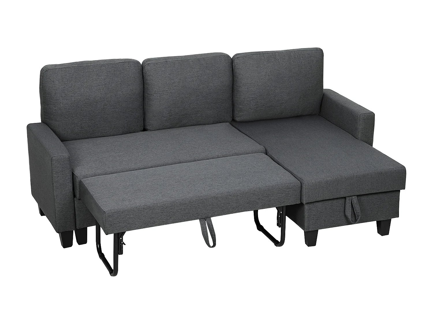 Divano Letto 3 posti con chaise e spazio contenitore grigio carbone