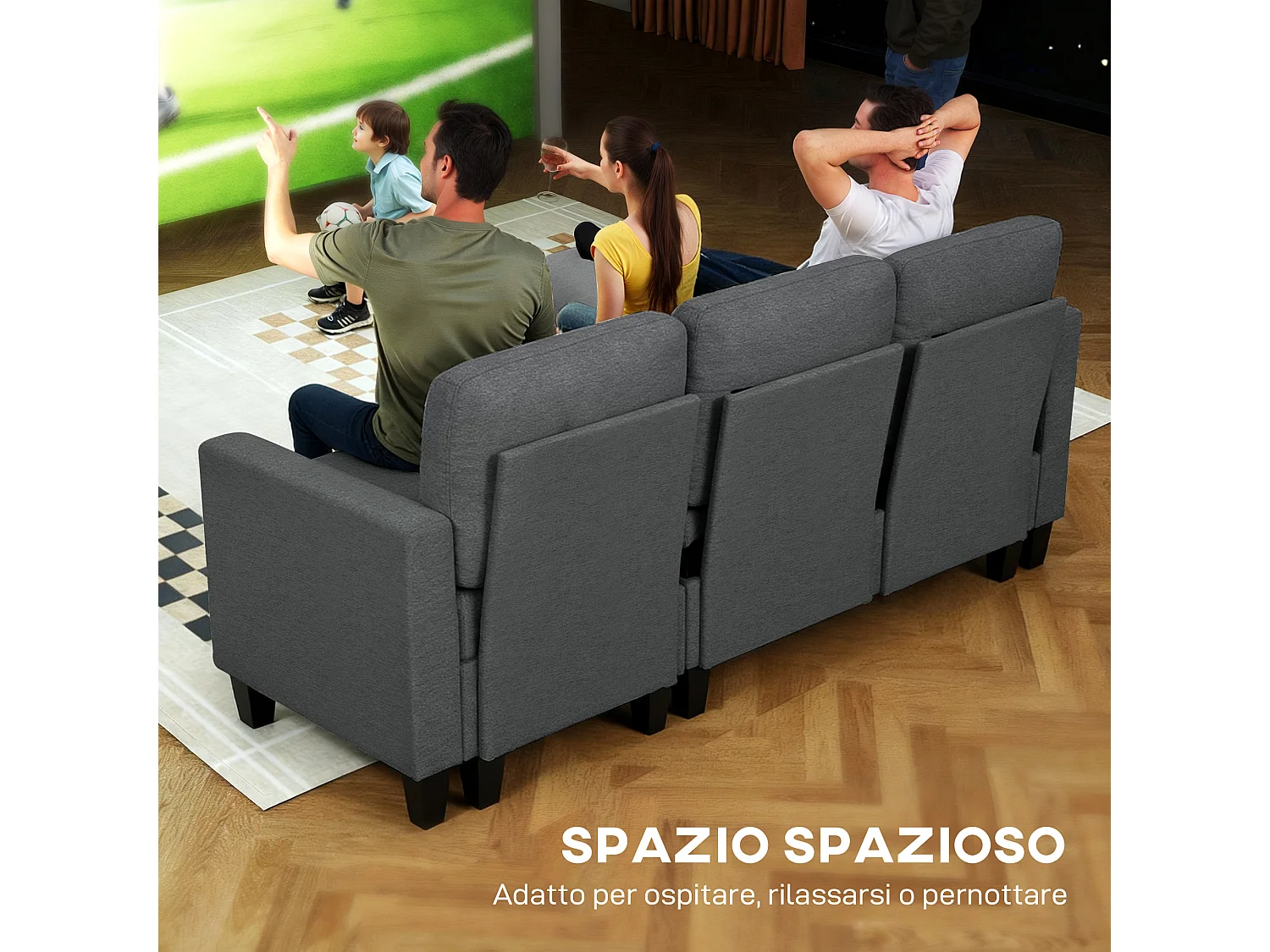 Divano Letto 3 posti con chaise e spazio contenitore grigio carbone