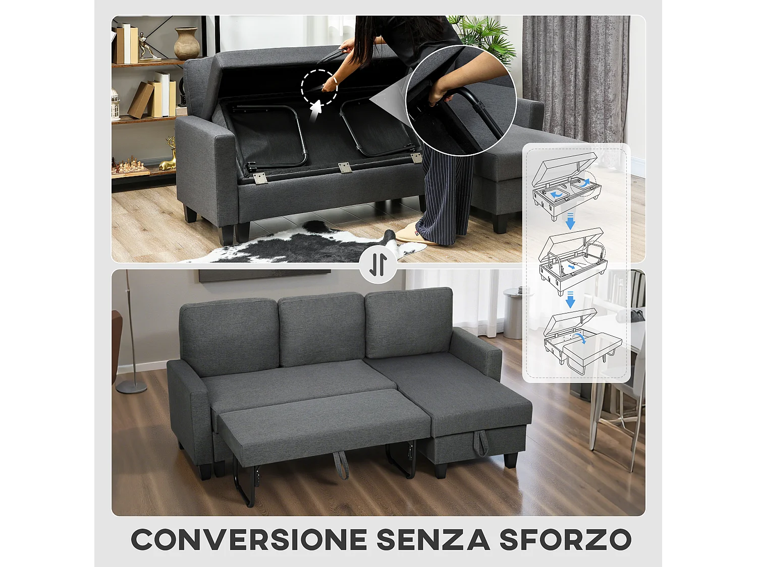 Divano Letto 3 posti con chaise e spazio contenitore grigio carbone
