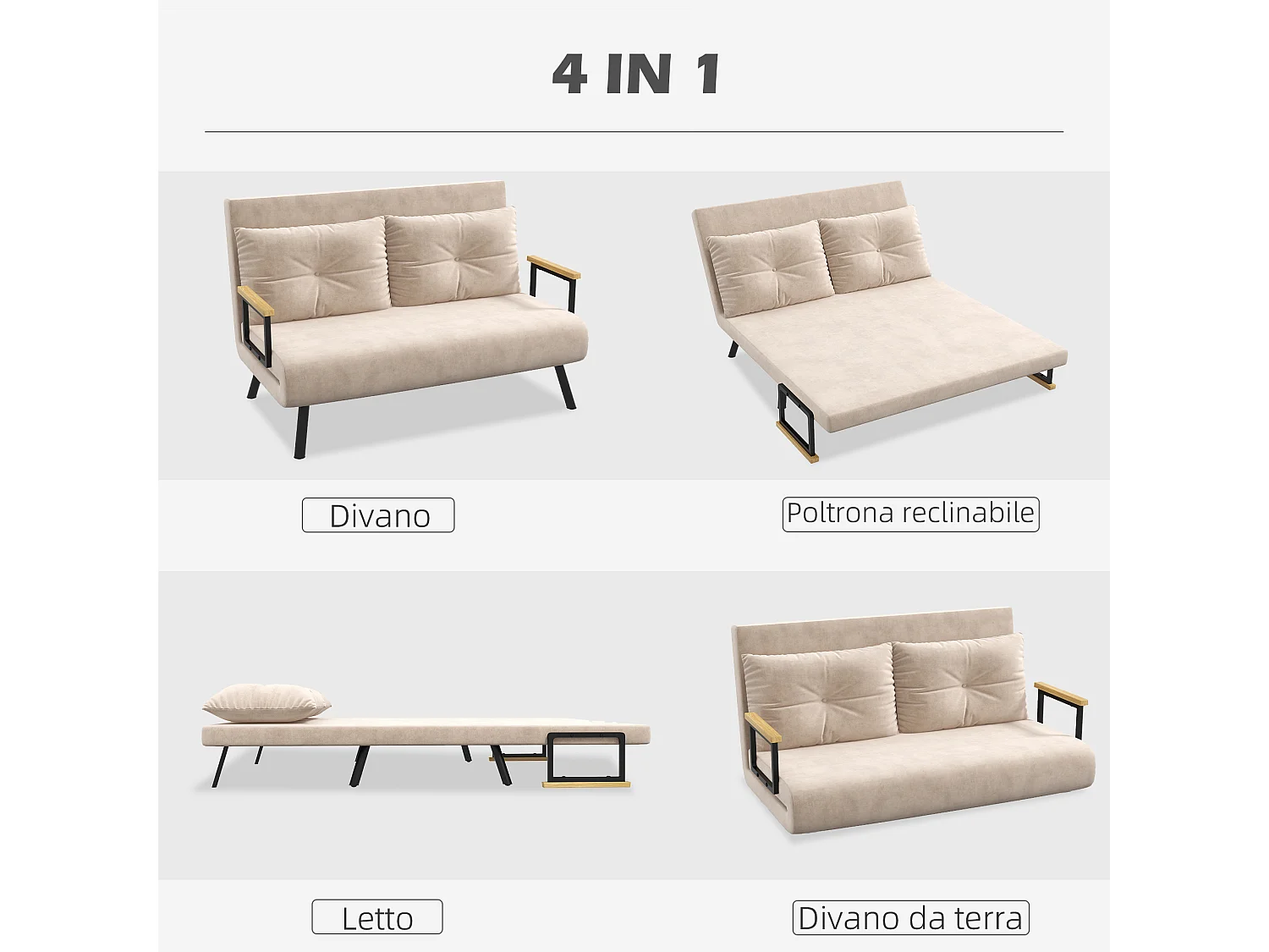 Divano letto vellutato con schienale regolabile su 5 livelli beige