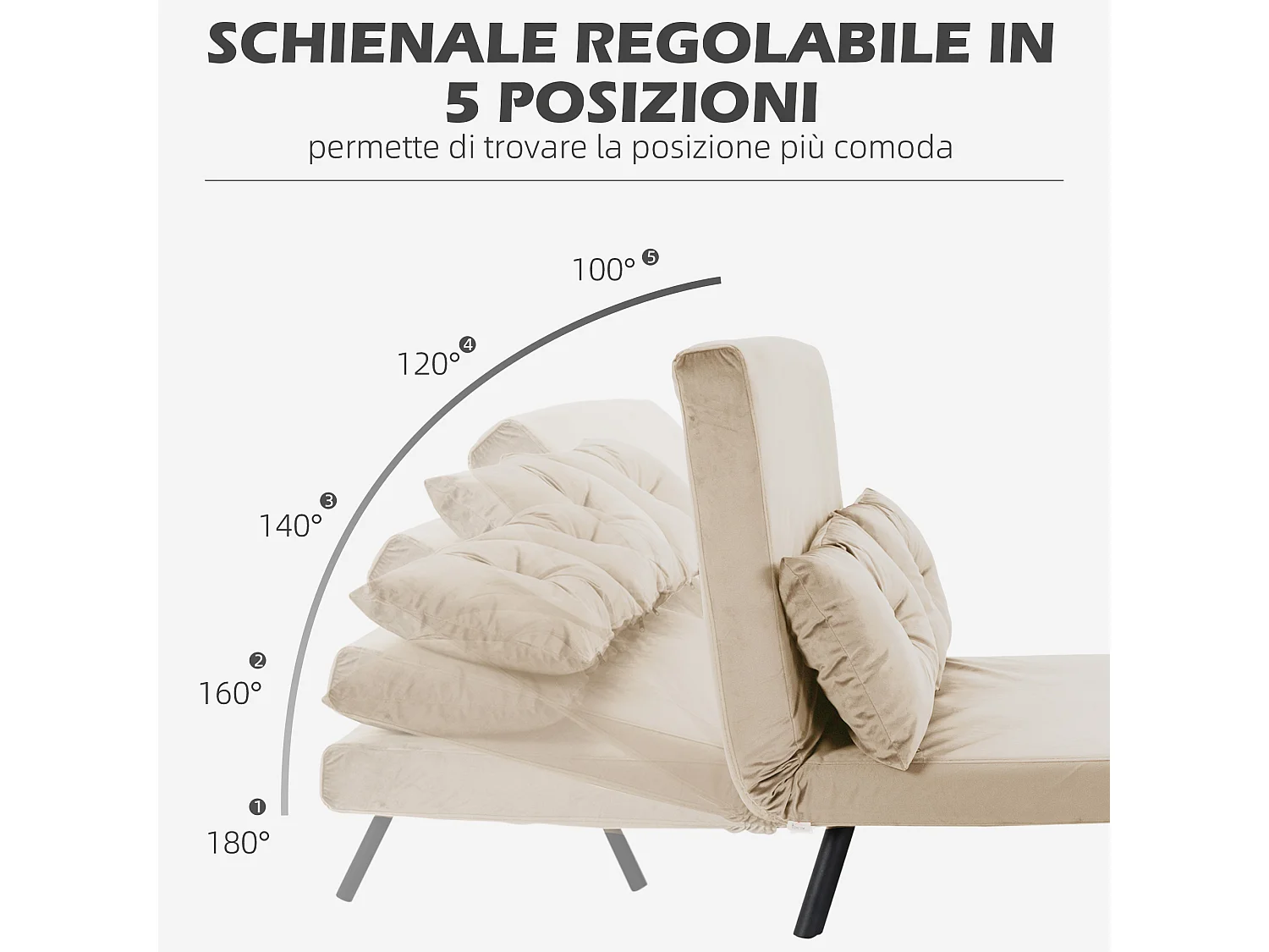 Divano letto vellutato con schienale regolabile su 5 livelli beige