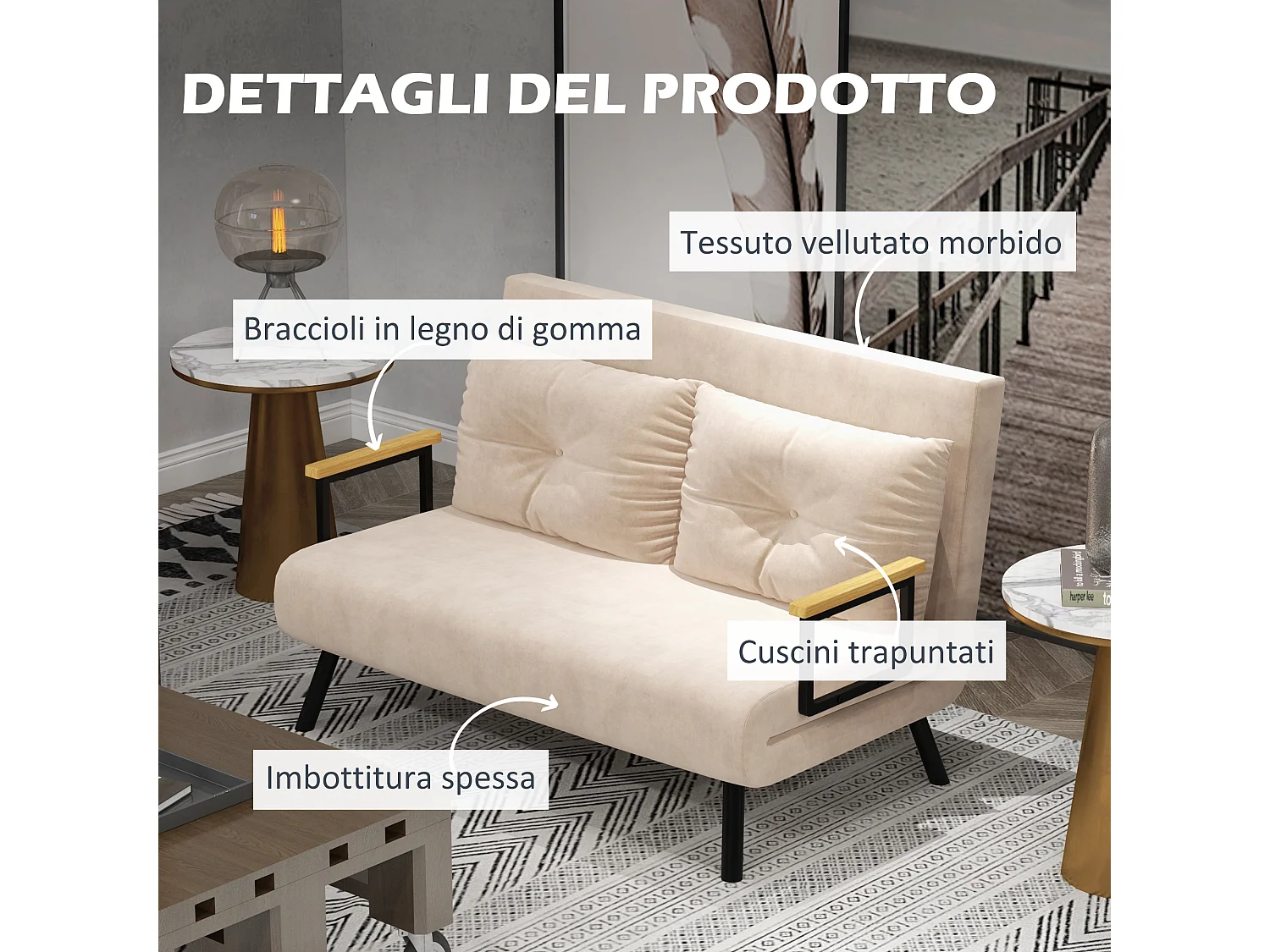 Divano letto vellutato con schienale regolabile su 5 livelli beige