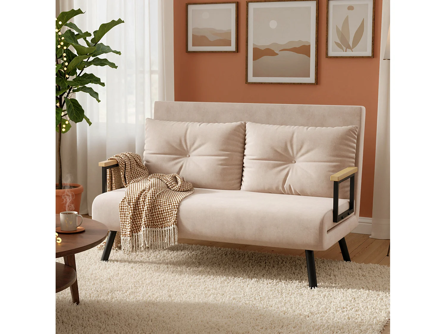 Divano letto vellutato con schienale regolabile su 5 livelli beige