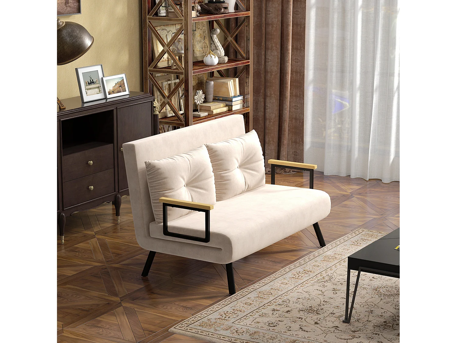 Divano letto vellutato con schienale regolabile su 5 livelli beige