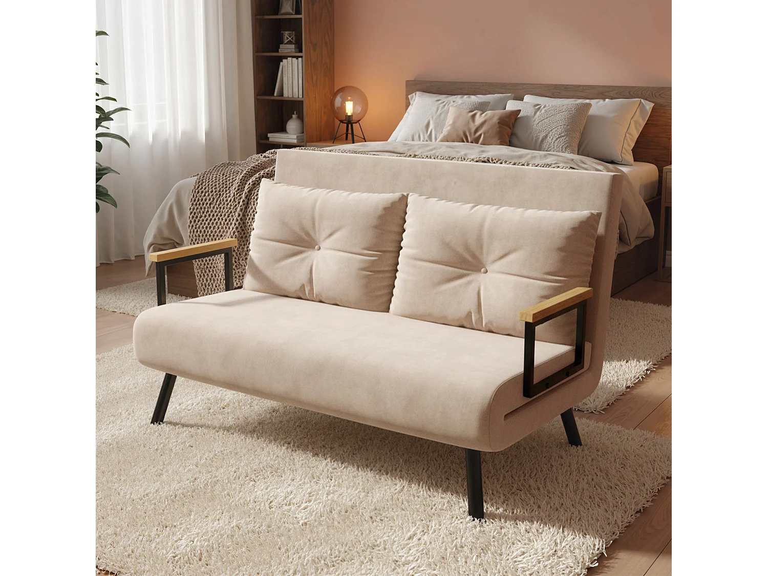 Divano letto vellutato con schienale regolabile su 5 livelli beige
