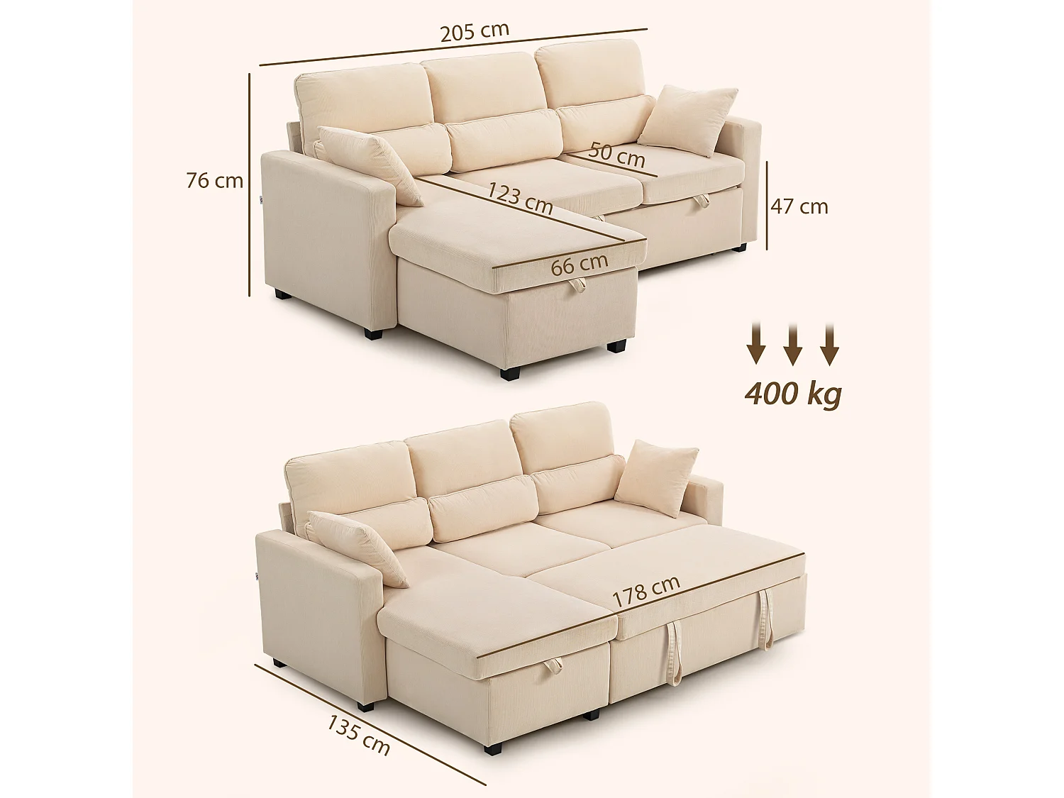 Divano letto angolare con contenitore in velluto a coste beige