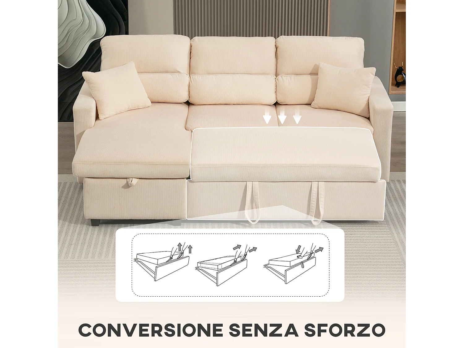 Divano letto angolare con contenitore in velluto a coste beige