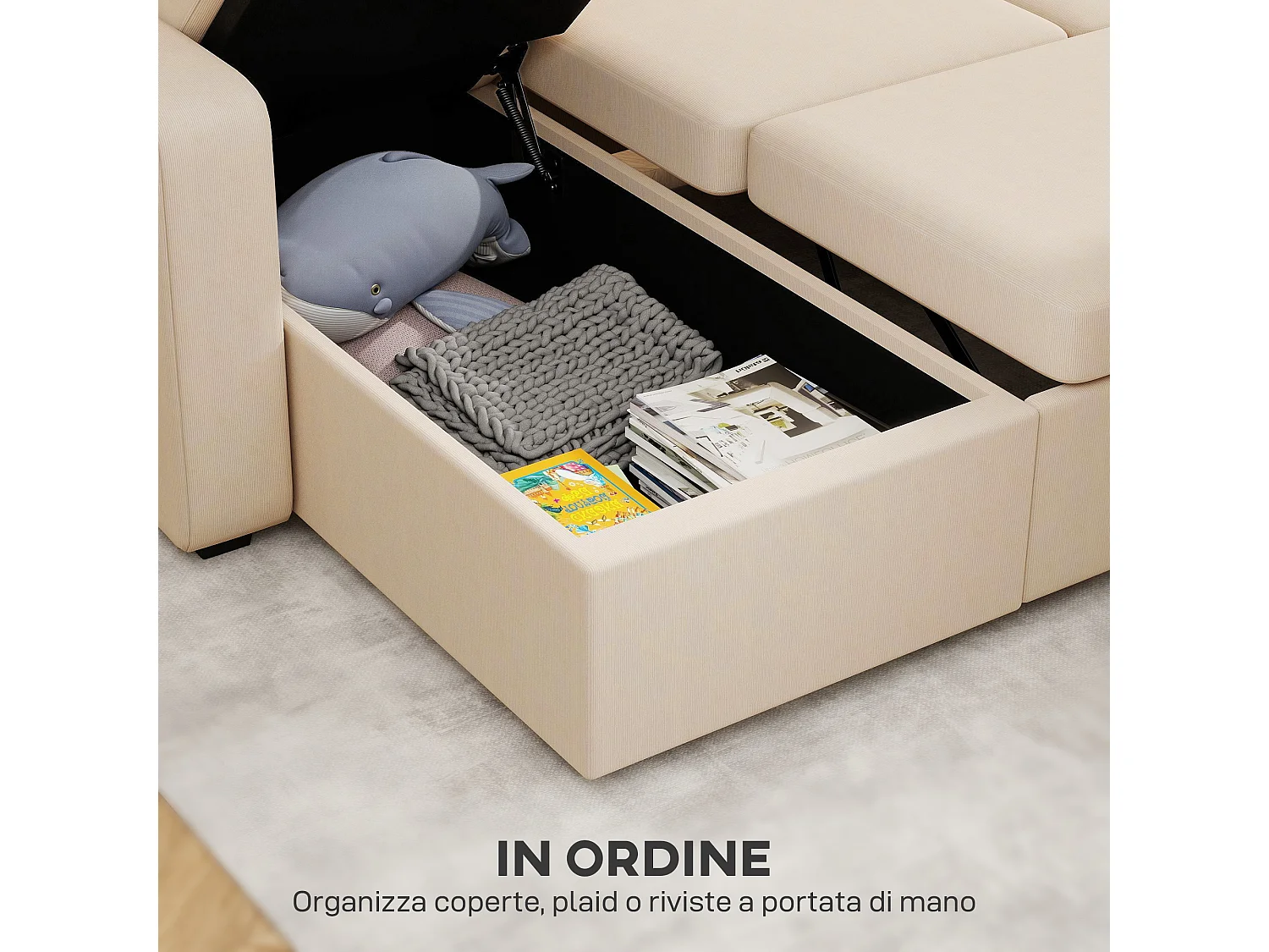 Divano letto angolare con contenitore in velluto a coste beige
