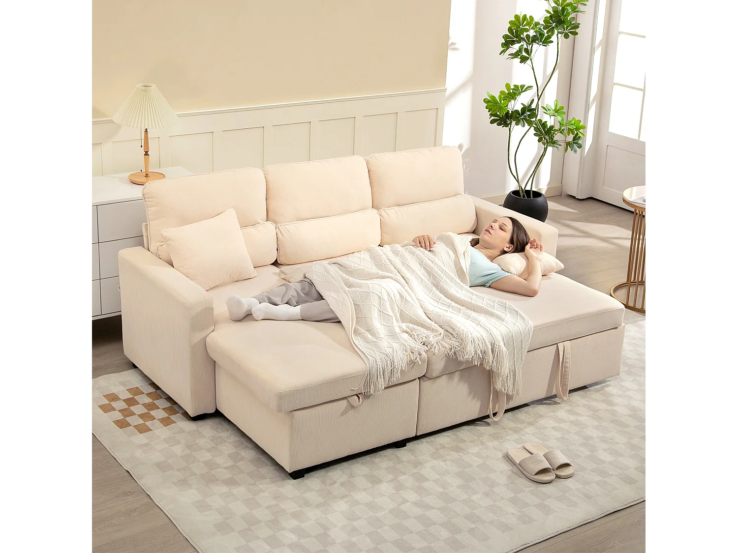 Divano letto angolare con contenitore in velluto a coste beige