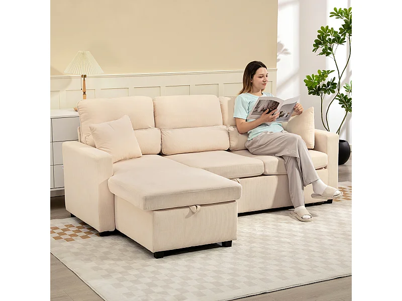 Divano letto angolare con contenitore in velluto a coste beige