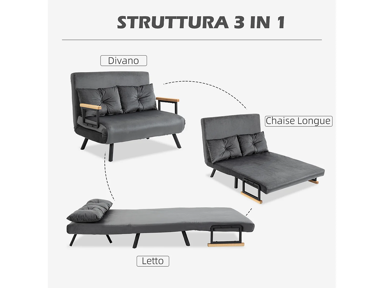 Divano letto vellutato con schienale regolabile 5 livelli grigio scuro