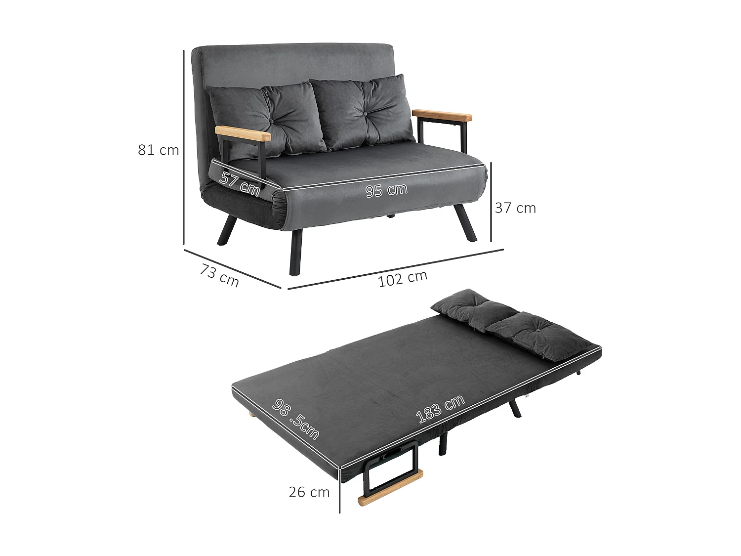 Divano letto vellutato con schienale regolabile 5 livelli grigio scuro