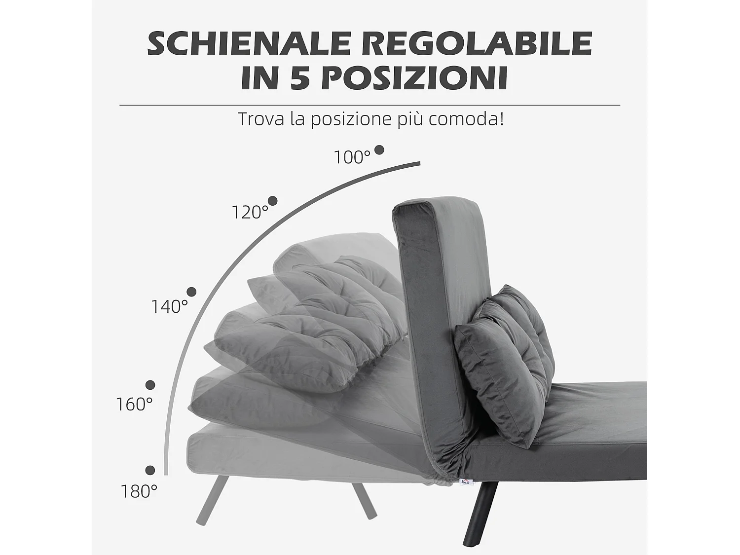 Divano letto vellutato con schienale regolabile 5 livelli grigio scuro