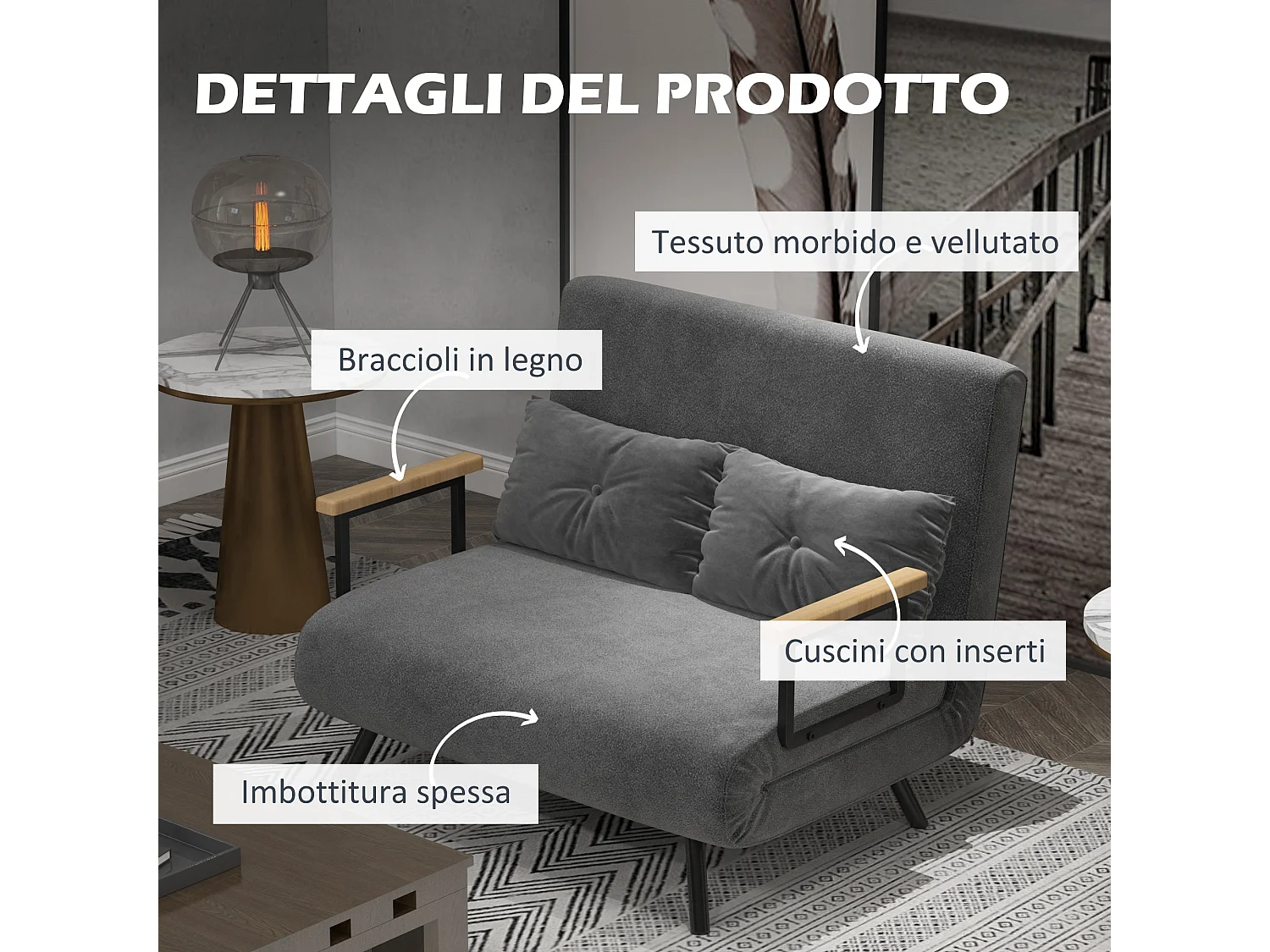 Divano letto vellutato con schienale regolabile 5 livelli grigio scuro