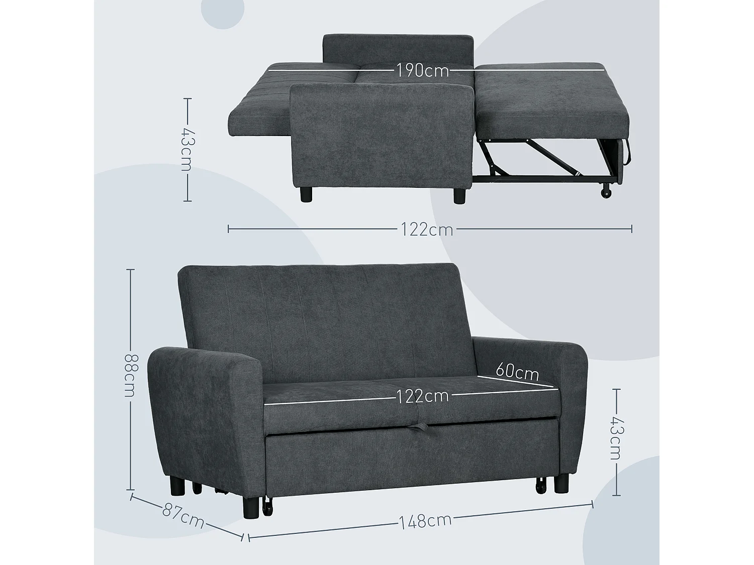 Divano letto clic clac con schienale regolabile 148x87x88 cm grigio