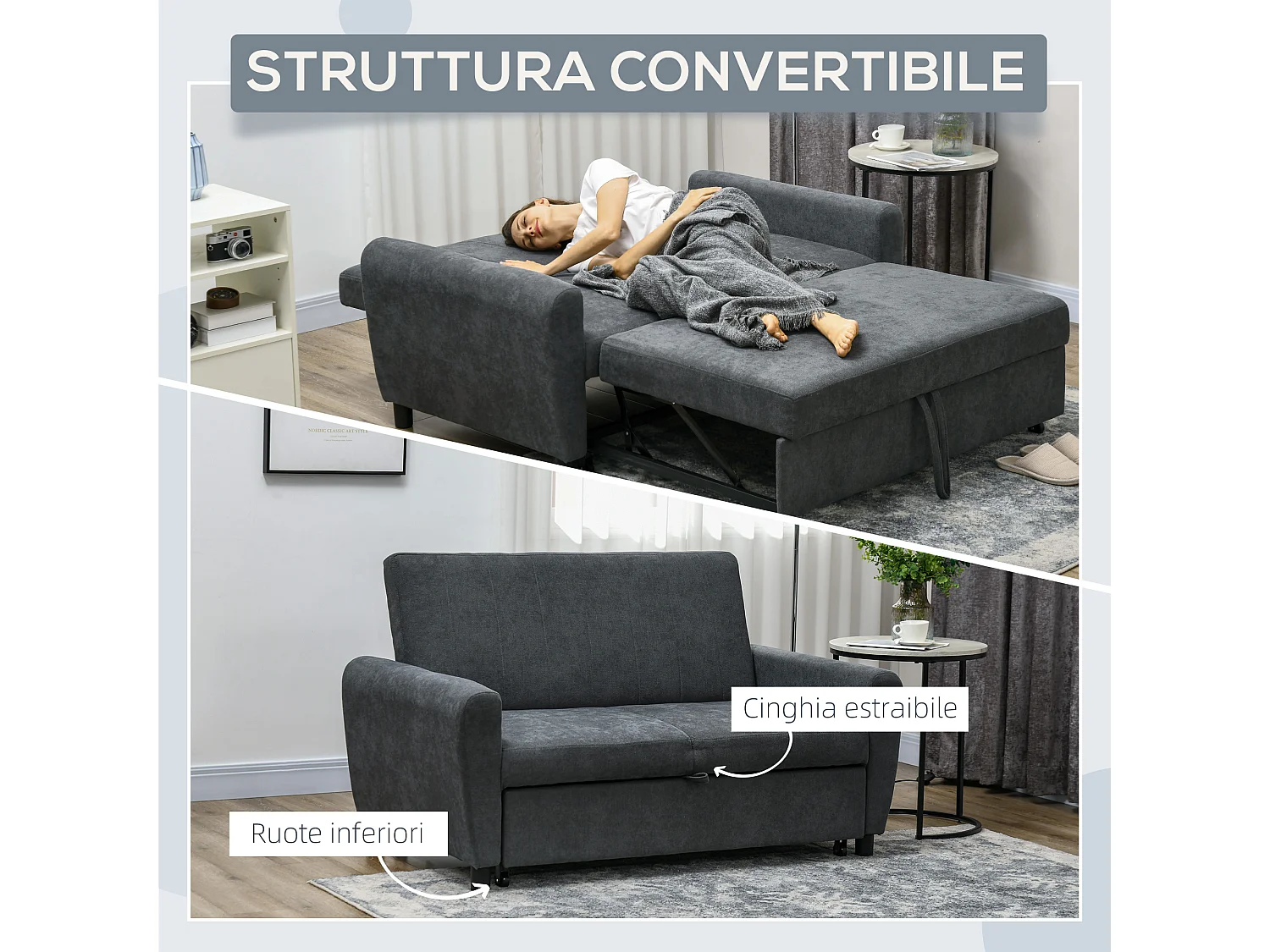 Divano letto clic clac con schienale regolabile 148x87x88 cm grigio