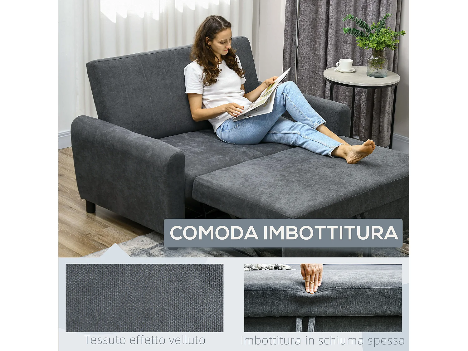 Divano letto clic clac con schienale regolabile 148x87x88 cm grigio