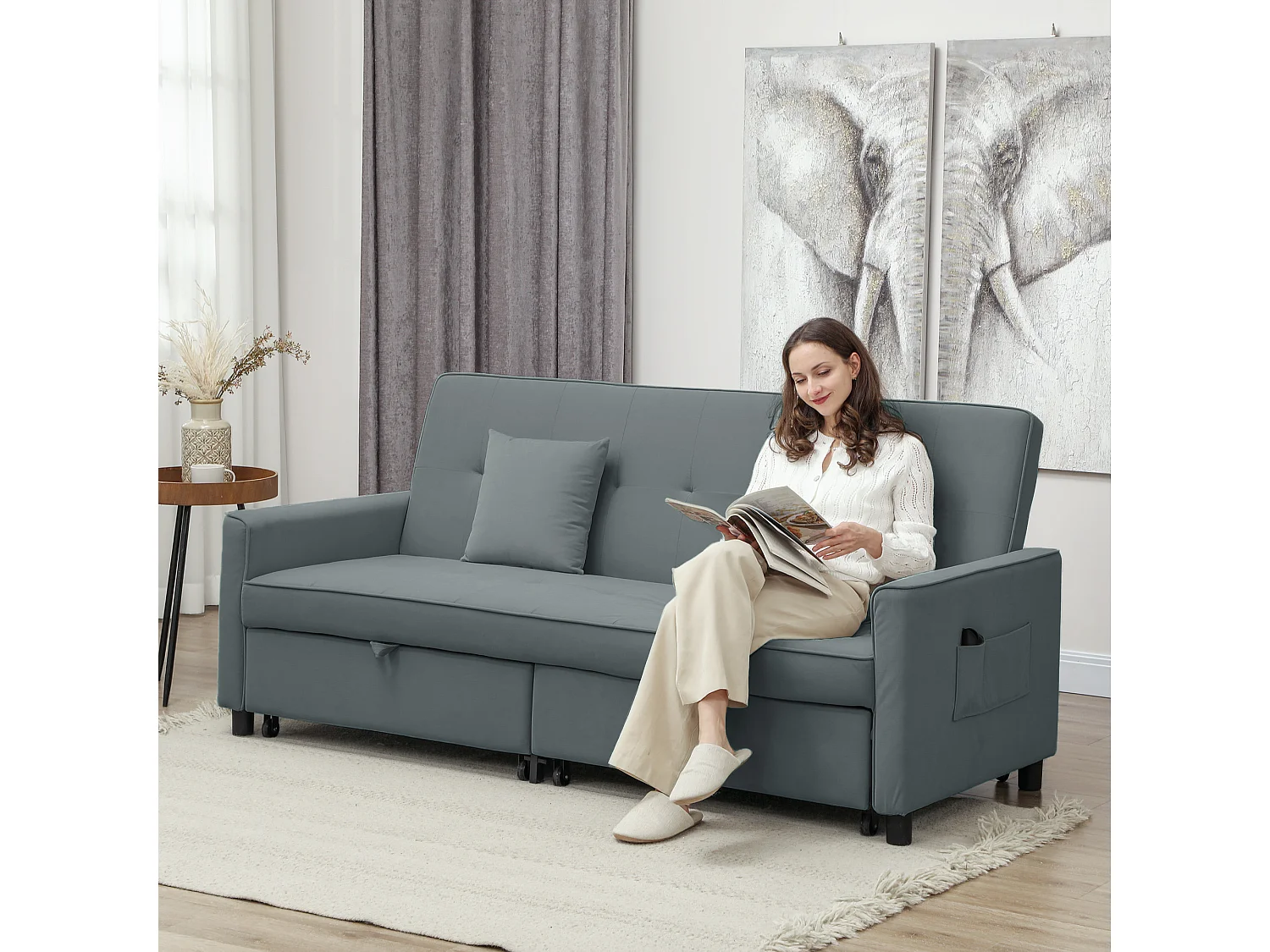 Divano letto 3 posti clic clac con schienale reclinabile grigio