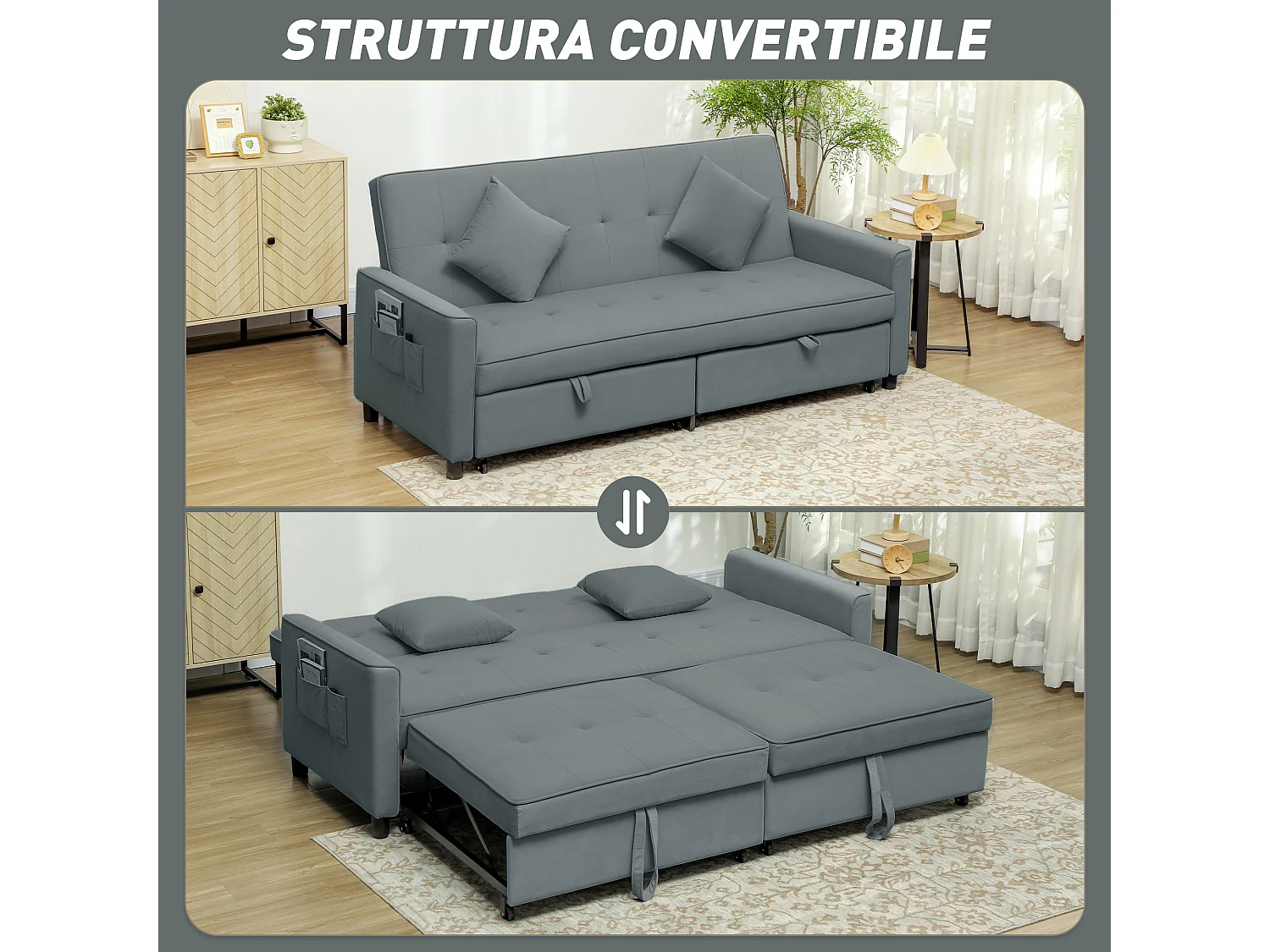 Divano letto 3 posti clic clac con schienale reclinabile grigio