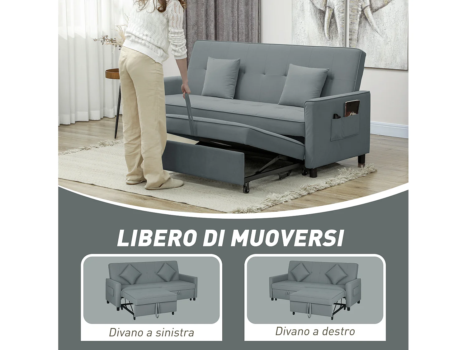 Divano letto 3 posti clic clac con schienale reclinabile grigio