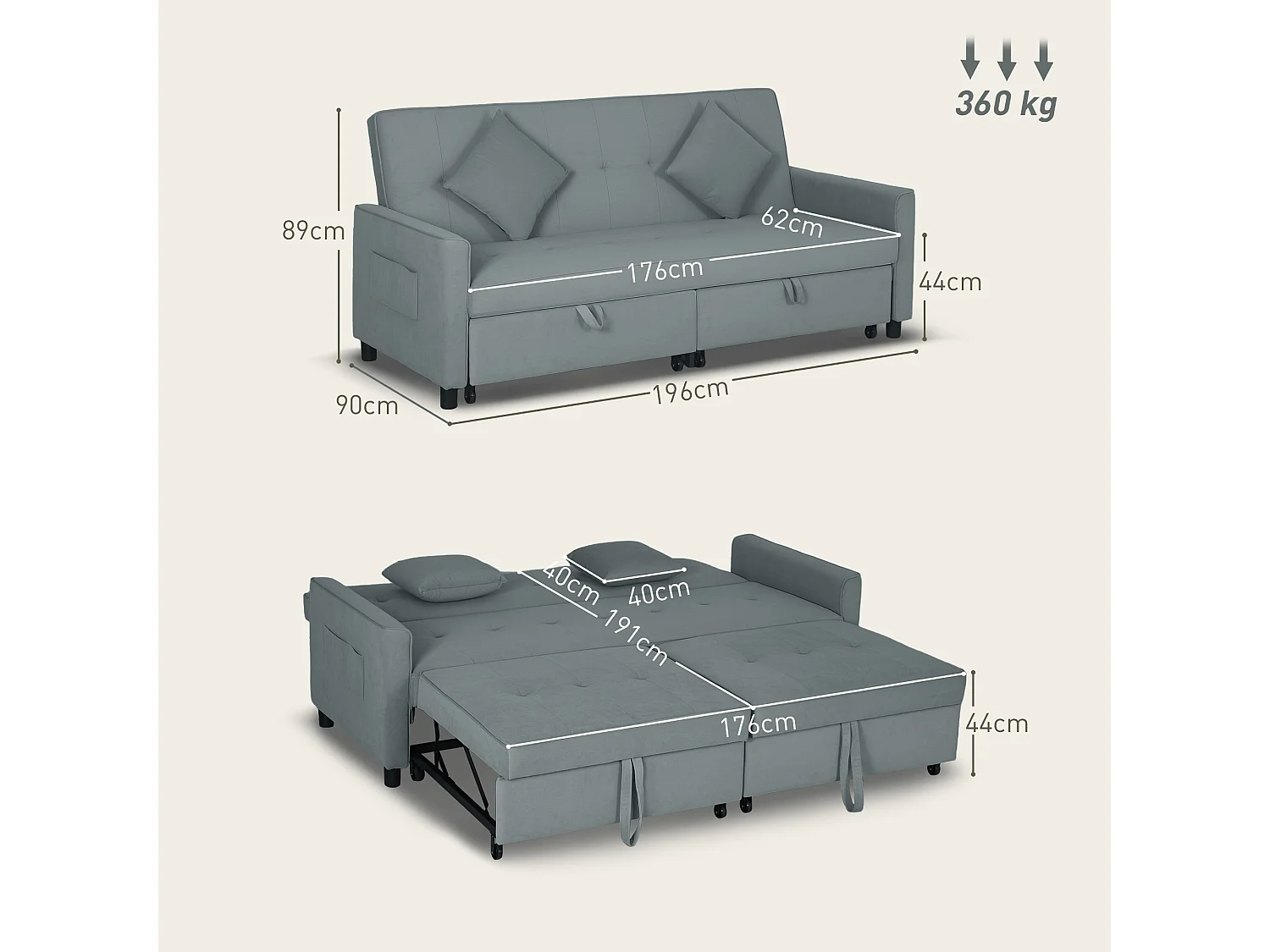 Divano letto 3 posti clic clac con schienale reclinabile grigio