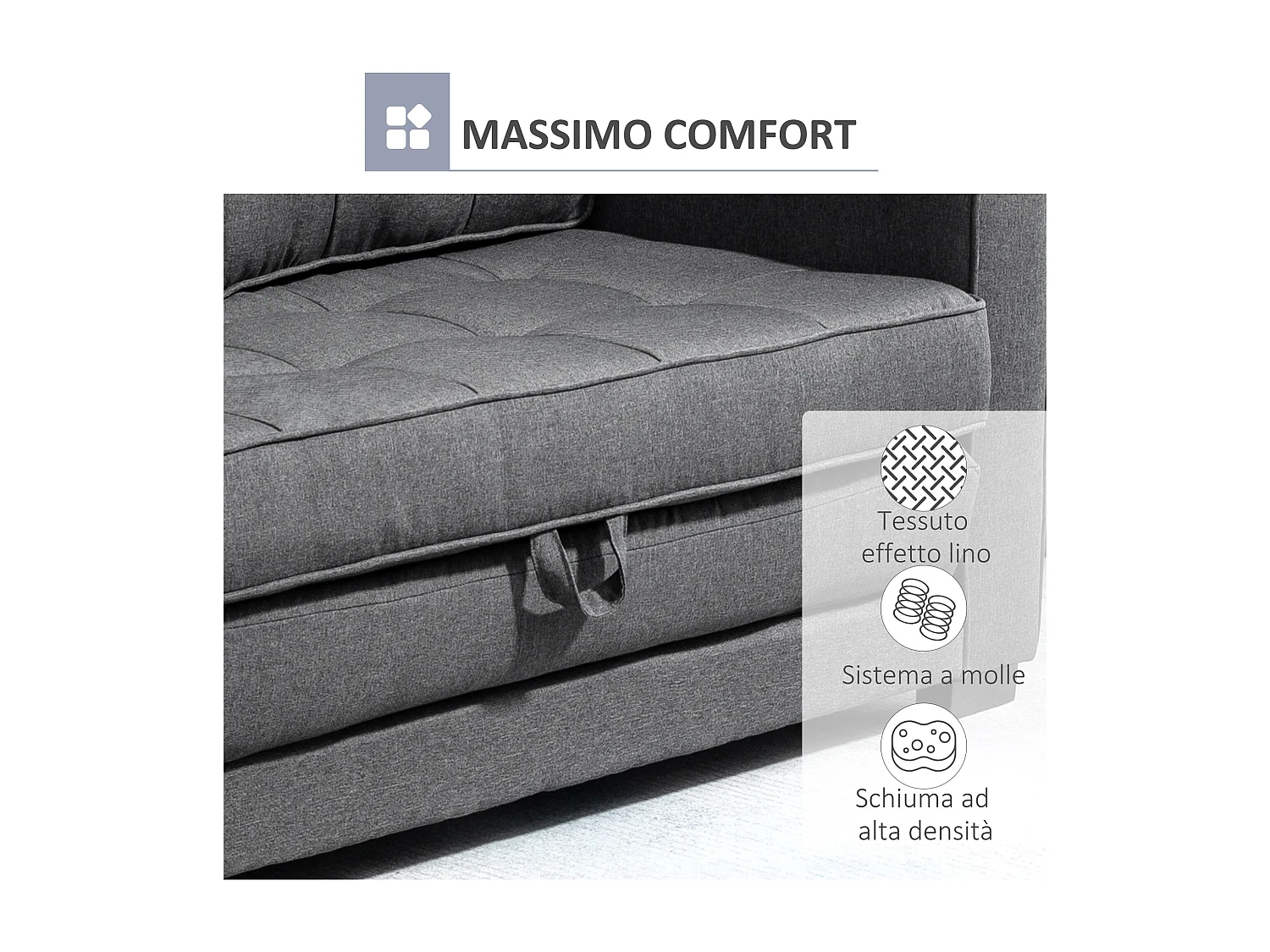 Divano letto 2 posti 151x75x85 cm in tessuto grigio