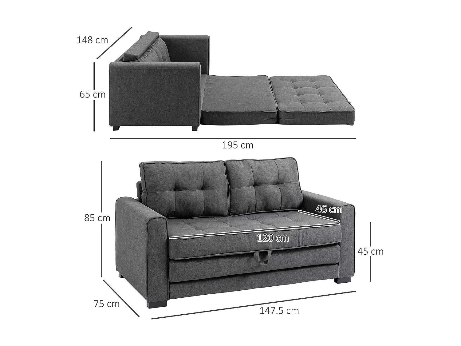 Divano letto 2 posti 151x75x85 cm in tessuto grigio